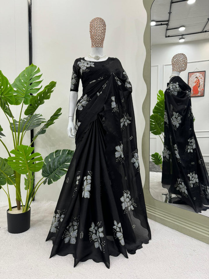 Jet Black Designer Saree on Jimmy chu Febric with Thred & Sequnce work. - PAHRAVA