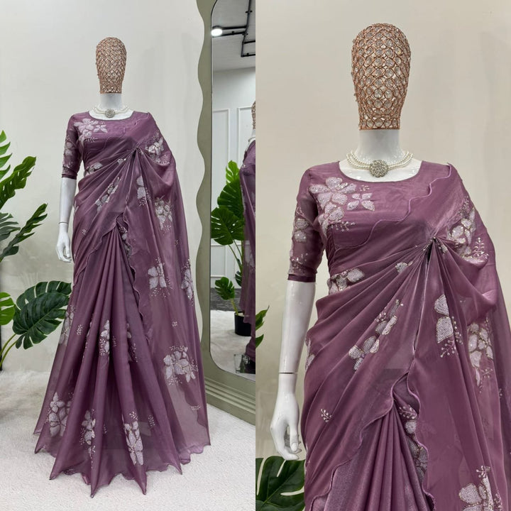 Dull Purple Designer Saree on Jimmy chu Febric with Thred & Sequnce work. - PAHRAVA