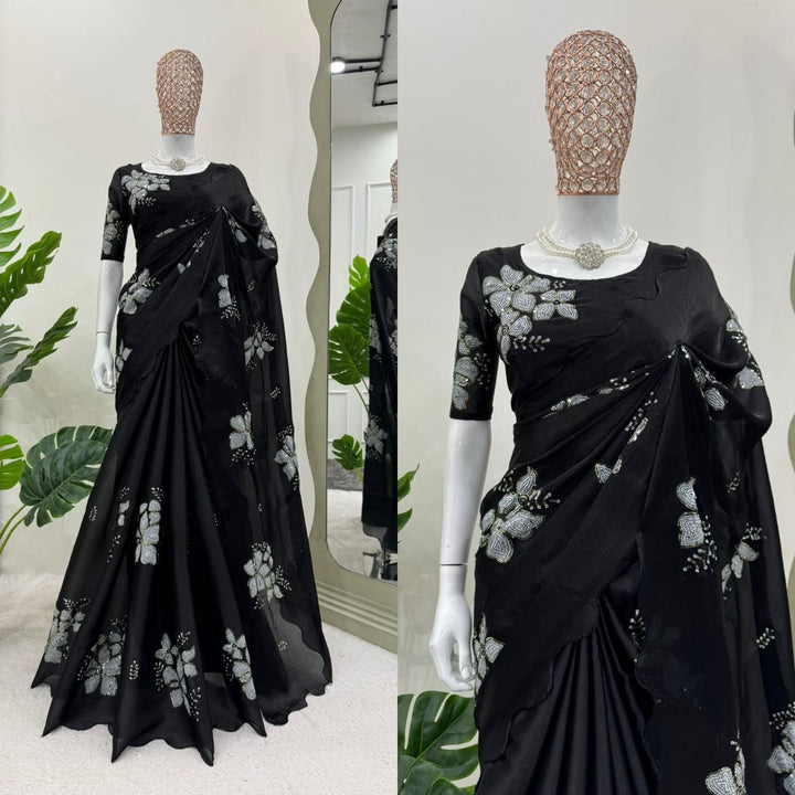 Jet Black Designer Saree on Jimmy chu Febric with Thred & Sequnce work. - PAHRAVA