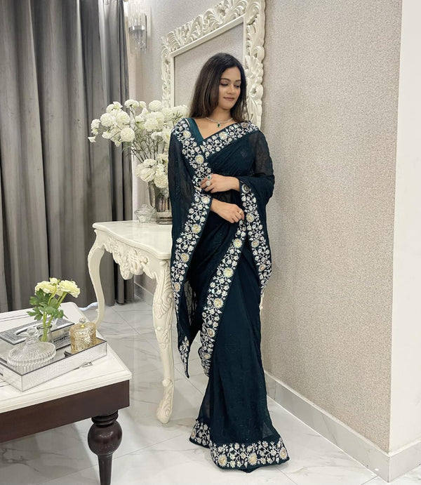 Jet Black Designer Floral Embroidery Work Saree