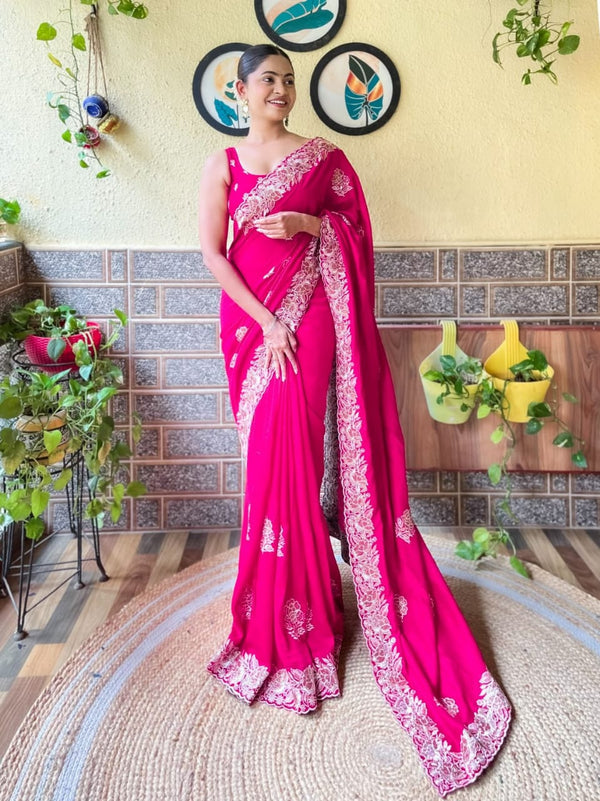 Warm Pink Blooming Vichitra silk Saree