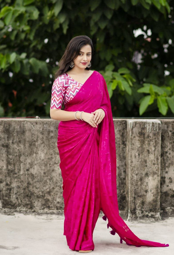 Dark Pink soft turkey silk saree with allover simple shine woven butterfly.