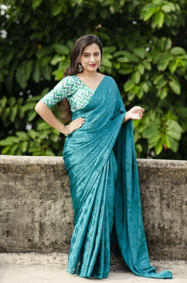 Sea Blue soft turkey silk saree with allover simple shine woven butterfly.