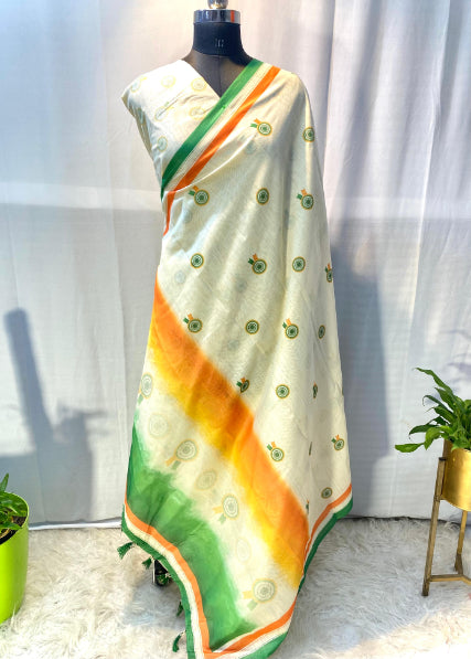 White And Tricolor Border Hand crafted Chanderi Cotton Sarees with beautiful Digital Print all over.