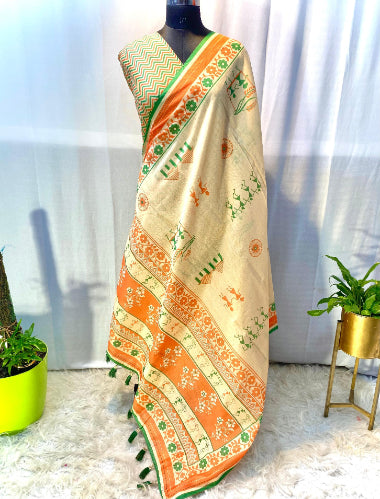 Cream And Tricolor Border Hand crafted Chanderi Cotton Sarees with beautiful Digital Print all over.