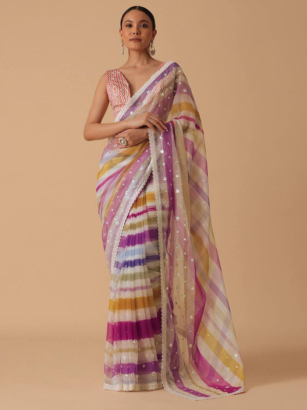 Purple With White Digital Prints & Embroidery Codding & Sequins Work saree