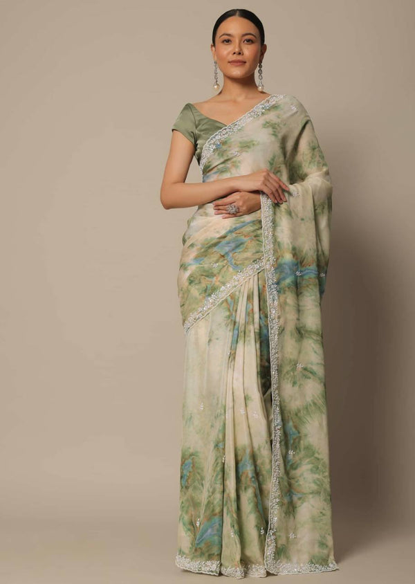 Cream With Green Digital Prints & Embroidery Codding & Sequins Work saree