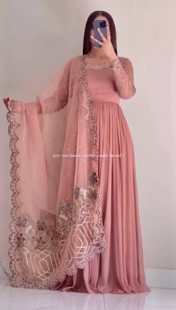 Muted Pink Chinon Silk Embroidery Sequins Work gown