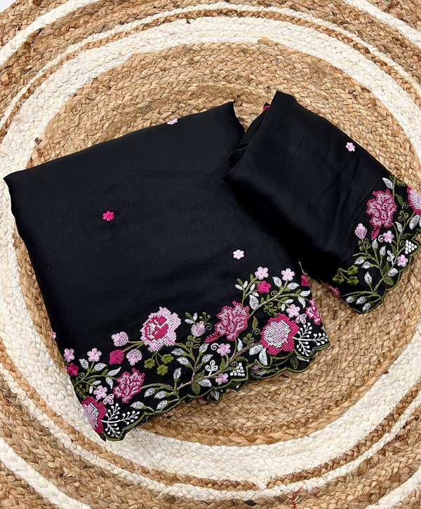 jet Black Korean Tusser Silk with Multi Color Embroidery Cutwork Border Saree.