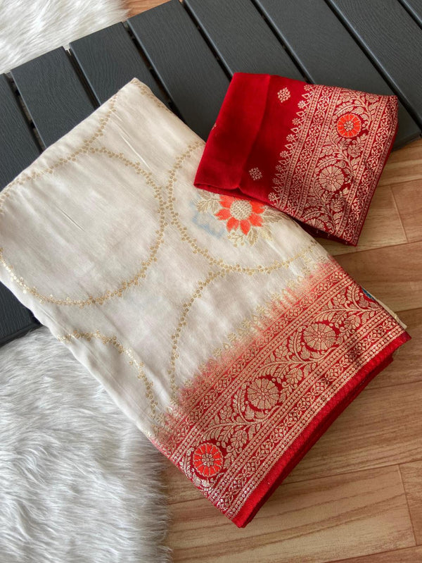 Pearl White With Red Russian Silk With Rich Zari Wooven Pallu Saree