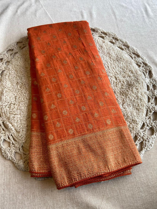 Sunrise Orange Soft Banarasi Khadi Zari Crushed Silk Saree