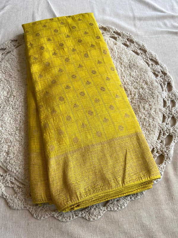 Golden Yellow Soft Banarasi Khadi Zari Crushed Silk Saree