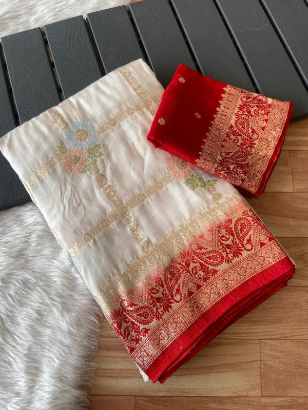 Pearl White With Red Russian Silk With Rich Zari Wooven Pallu Saree