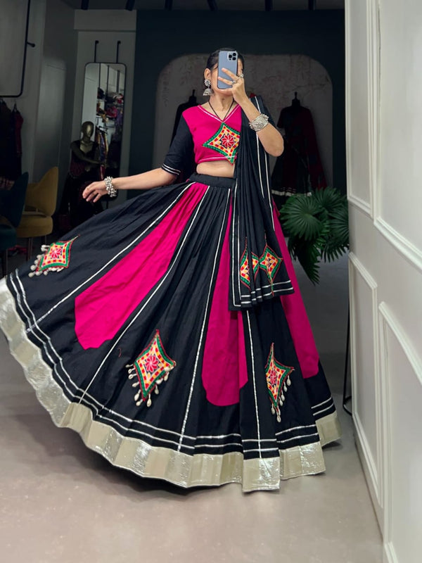 Hot Pink With Balck Pure Cotton And Gamthi Patch Work Lehenga Choli