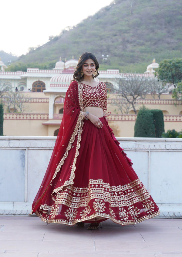 Traditional Red Georgette Flared Lehenga with Sequins and embroidered Work.