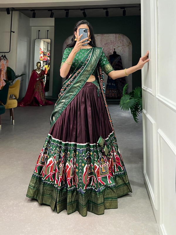 Dark Brown With Green Dola Silk Lehenga Choli