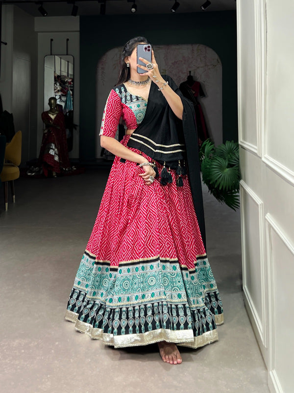 Rose Red Bandhej and Ajrakh prints Lehenga Choli.