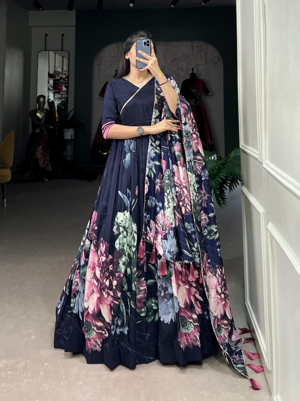 Navy Blue Tussar Silk gown.