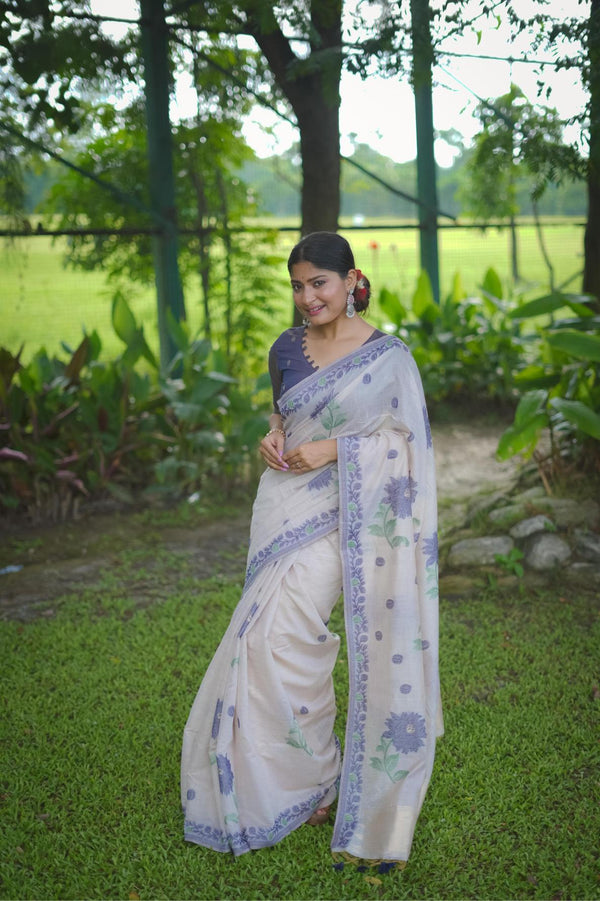 Bright Grey With White Classic Jamdani Type Muga Cotton saree.