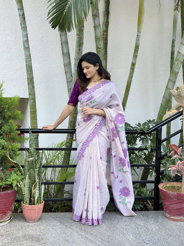 Royal Purple With White Classic Jamdani Type Muga Cotton saree.