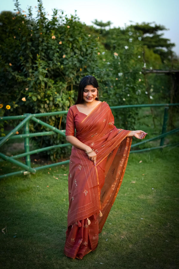 Dark Red Khadi Tussar Silk Saree.