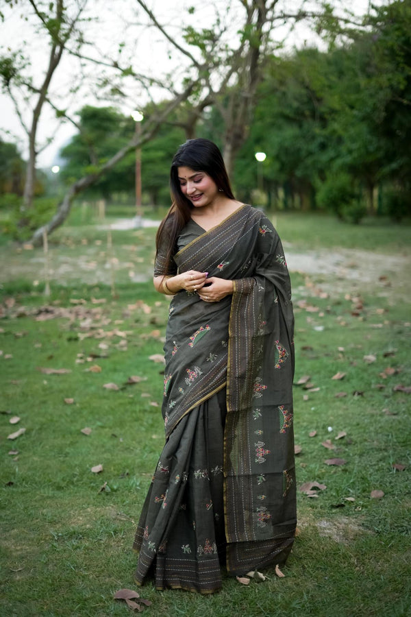 Jet Black Khadi Tussar Silk Saree.