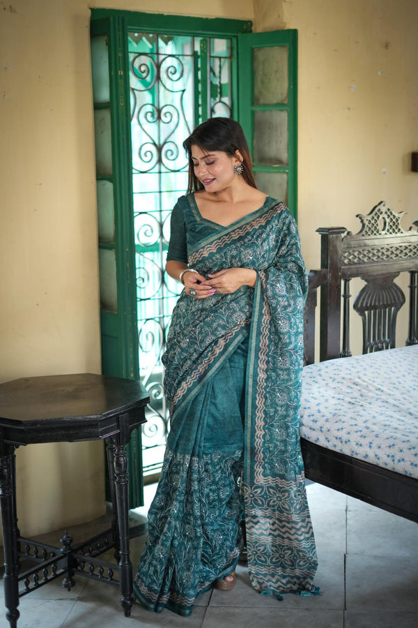 Mineral Green Batik printed Tussar Silk Saree.