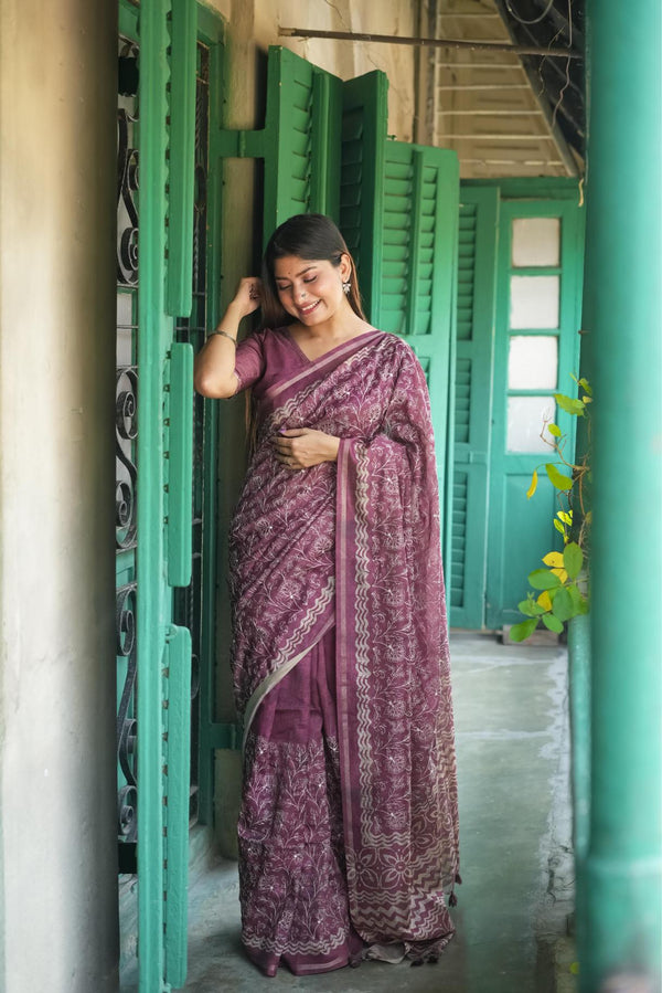 Faded Purple Batik printed Tussar Silk Saree.