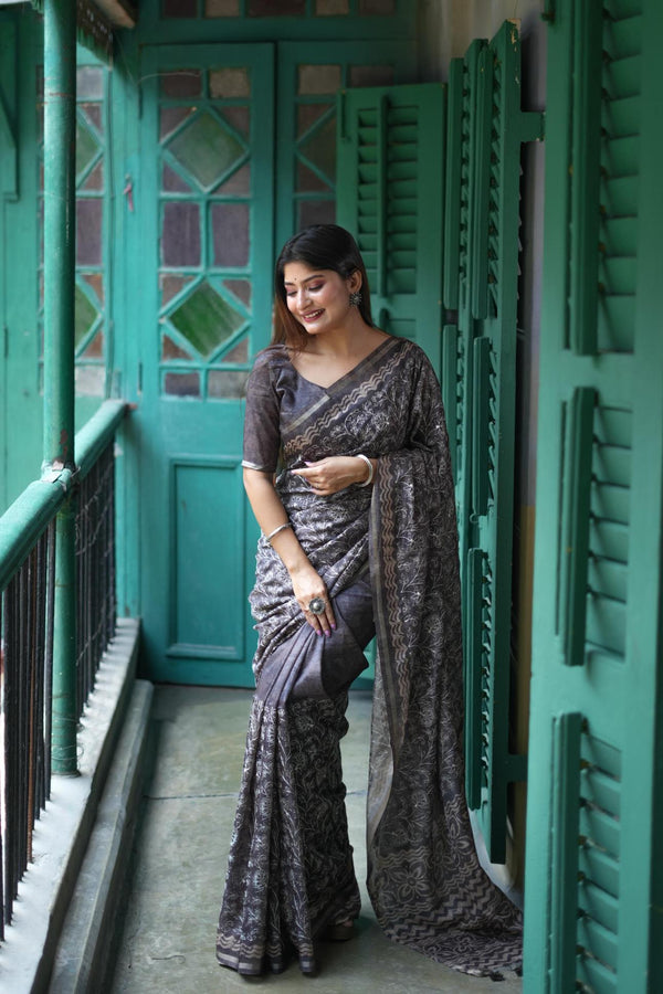 Bright Grey Batik printed Tussar Silk Saree.