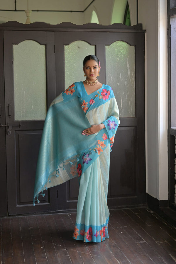 Sky Blue Flower Printed Silk Saree.