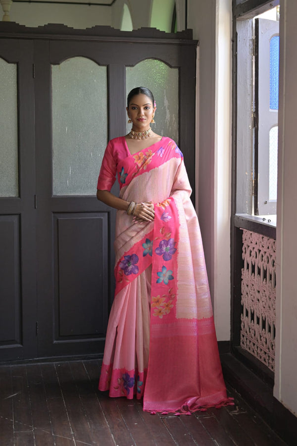 Persian Pink Flower Printed Silk Saree.