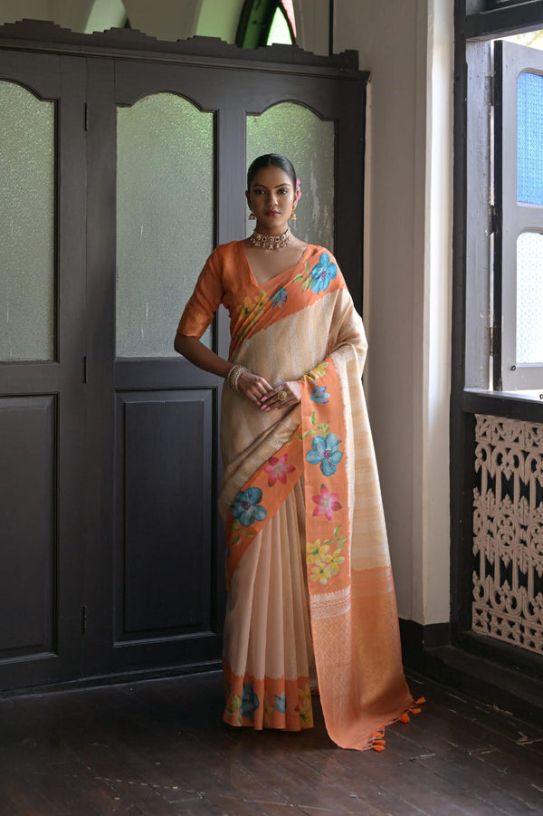 Rust Orange Flower Printed Silk Saree.