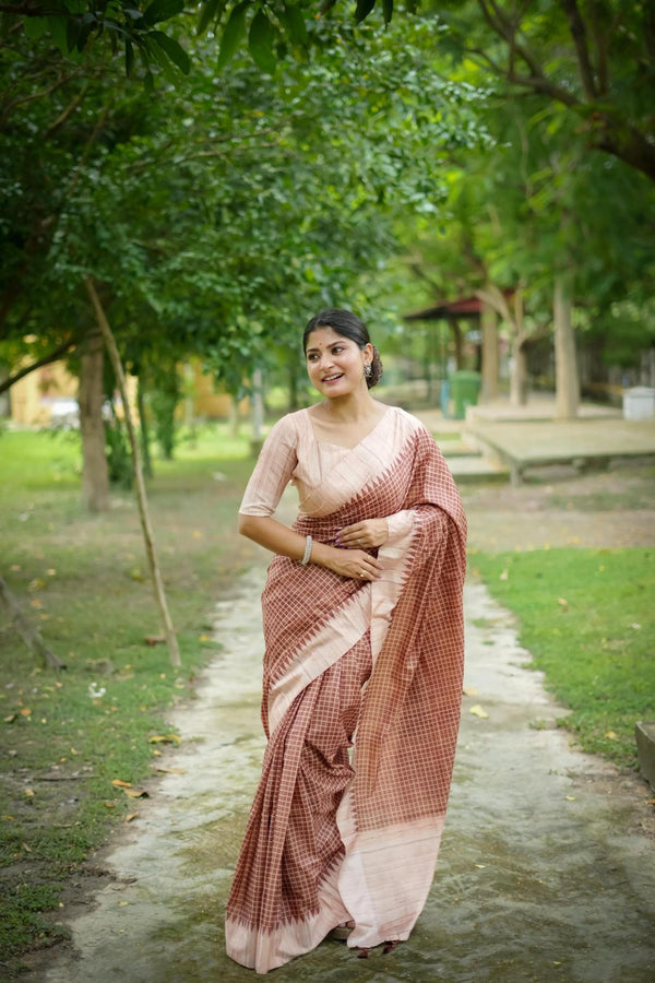 Almond Brown Checks Printed Tussar Silk Saree.