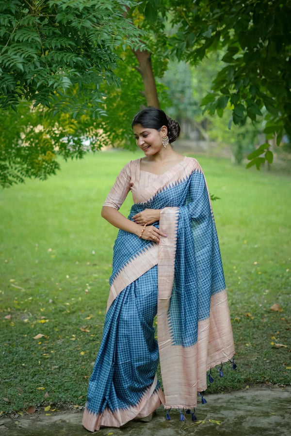 Muted Blue Checks Printed Tussar Silk Saree.