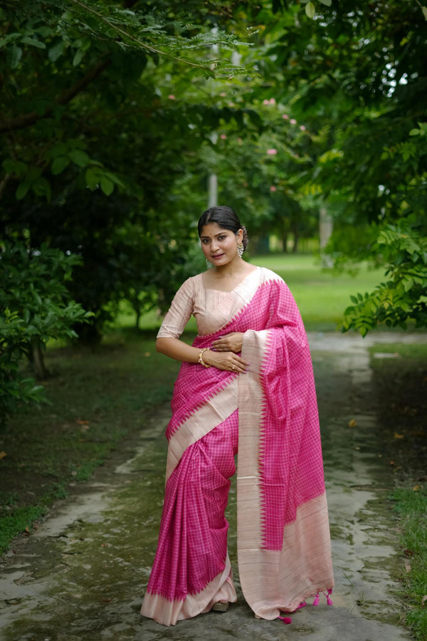 Dark Pink Checks Printed Tussar Silk Saree.