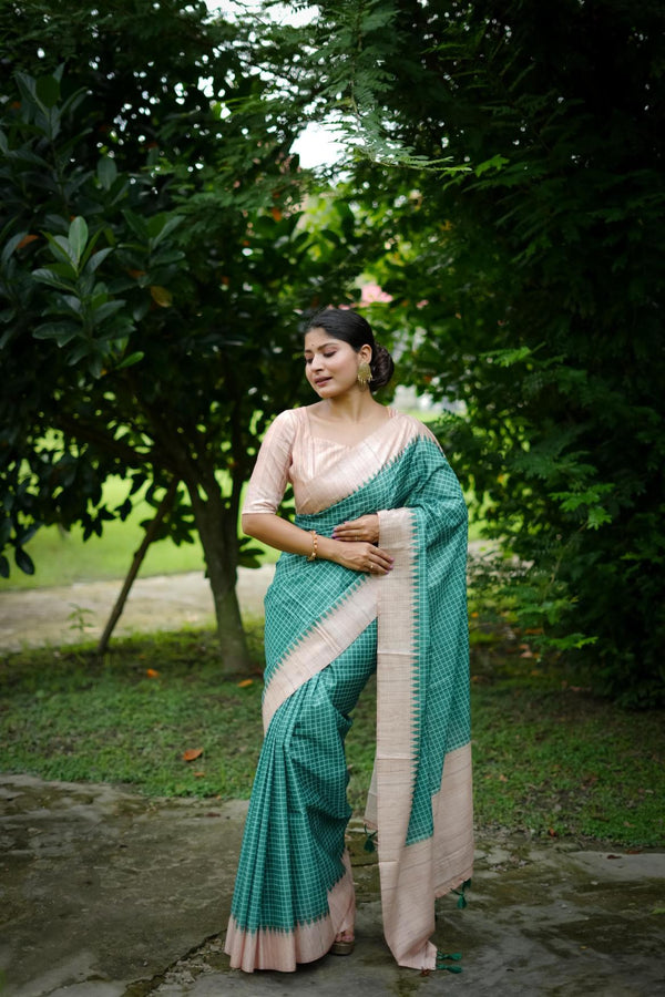 Teal Green Checks Printed Tussar Silk Saree.