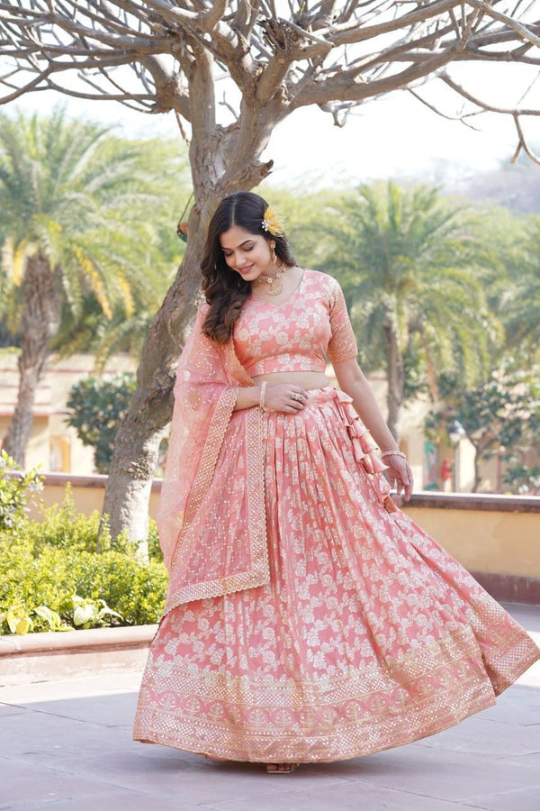 Light Peach Viscose Jacquard Lehenga Choli