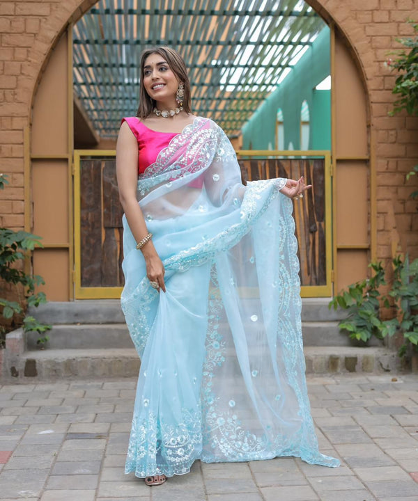 Sky Blue Shiny Fabric Organza Silk Saree.