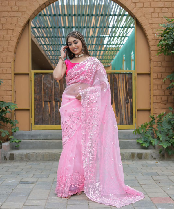 Light Pink Shiny Fabric Organza Silk Saree.