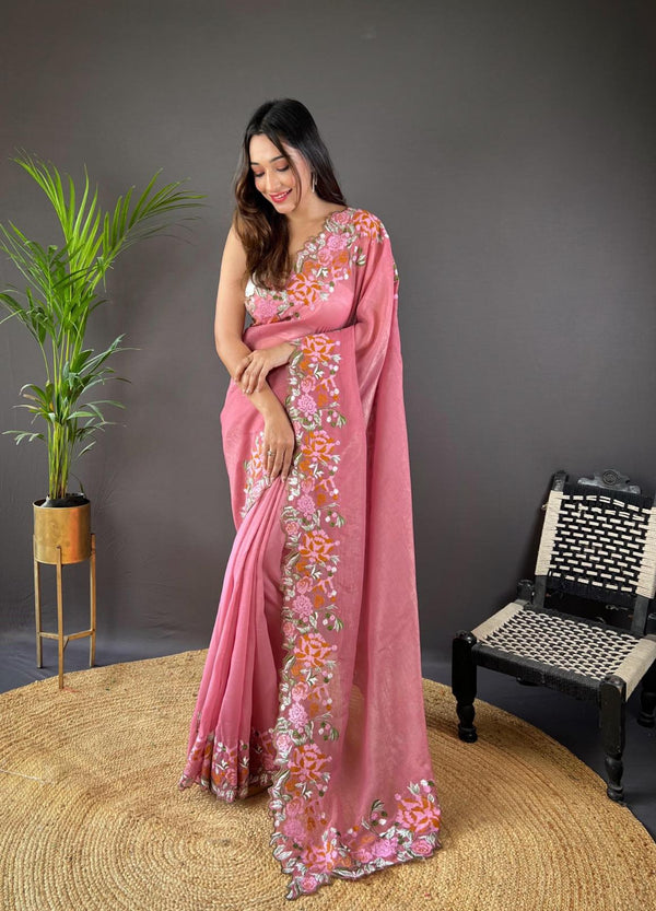 Rose Pink Soft Glossy Silk Saree.