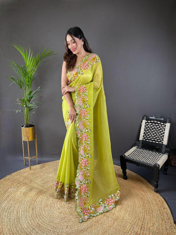 Olive Yellow Soft Glossy Silk Saree.