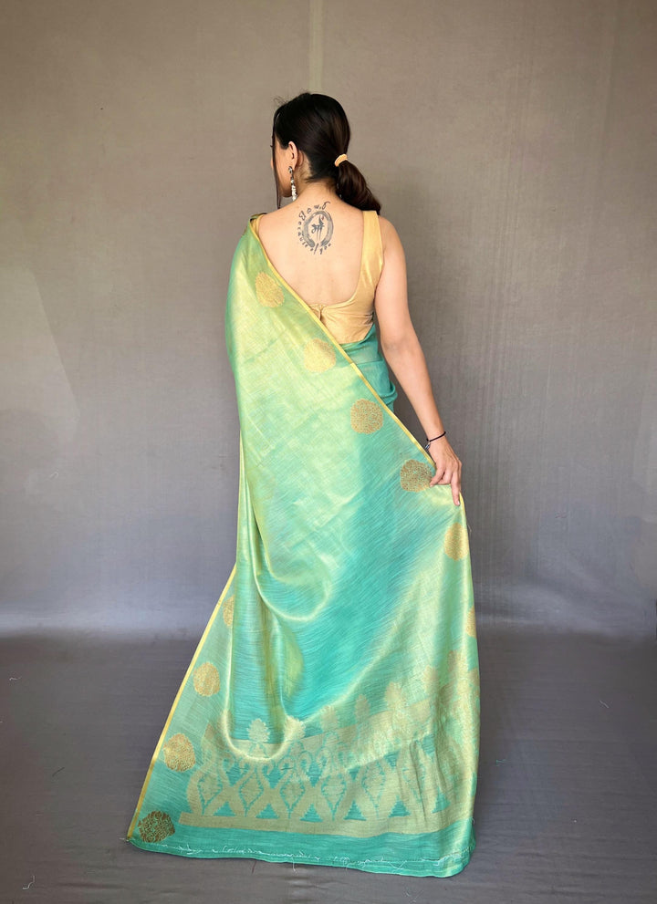 Cyan Blue Zari Weaving Tissue Silk Saree - PAHRAVA