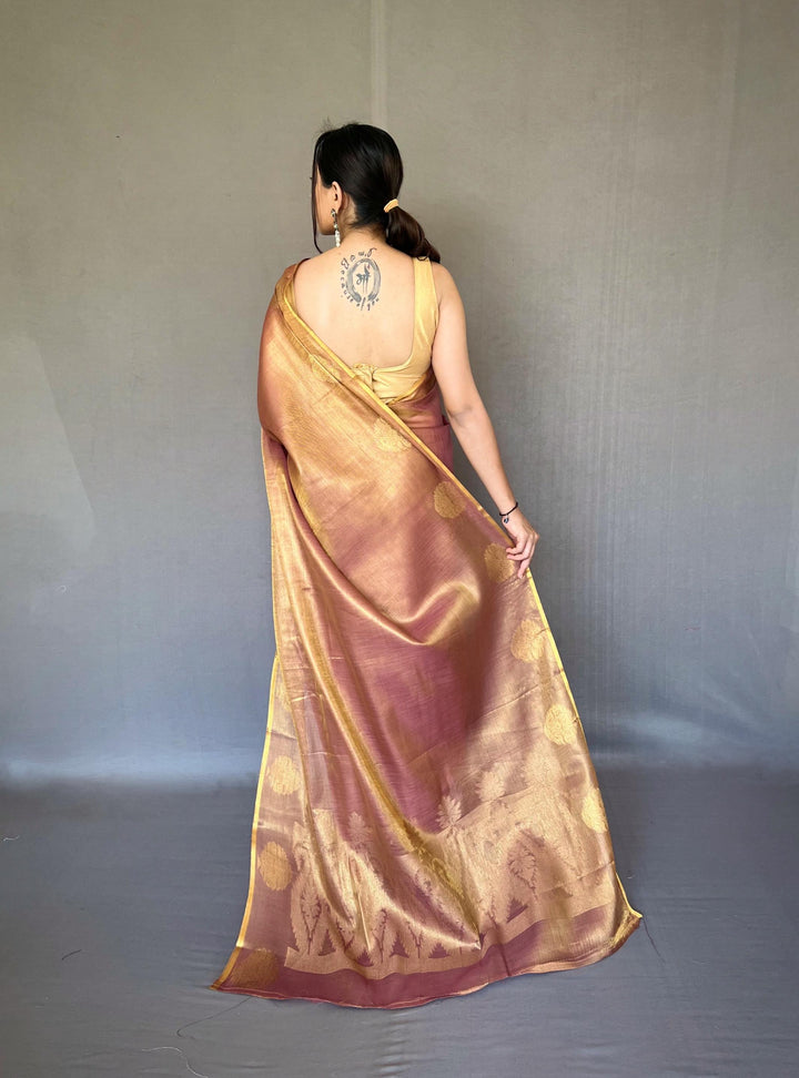 Goldish Lavender Zari Weaving Tissue Silk Saree - PAHRAVA