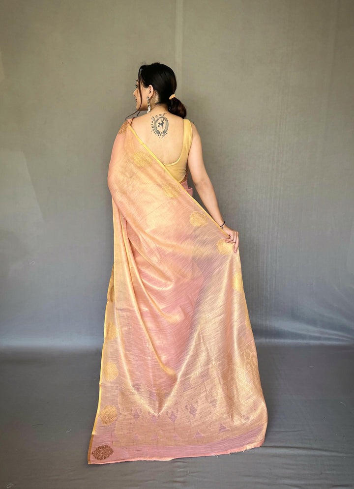 Light Pink Zari Weaving Tissue Silk Saree - PAHRAVA