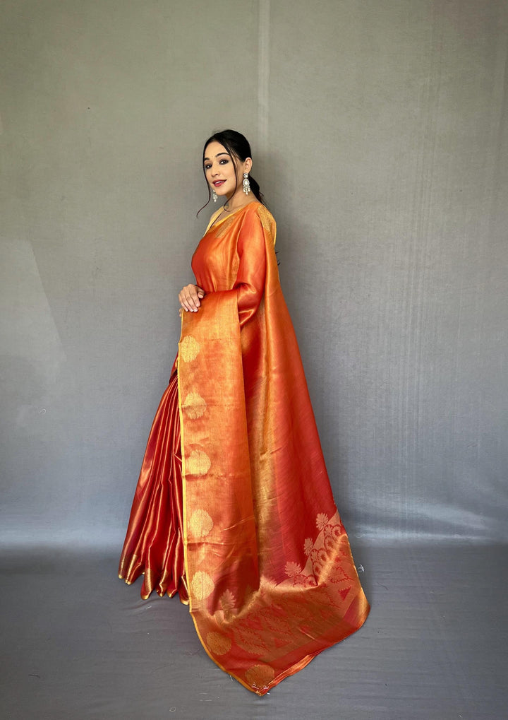 Rust Orange Zari Weaving Tissue Silk Saree - PAHRAVA