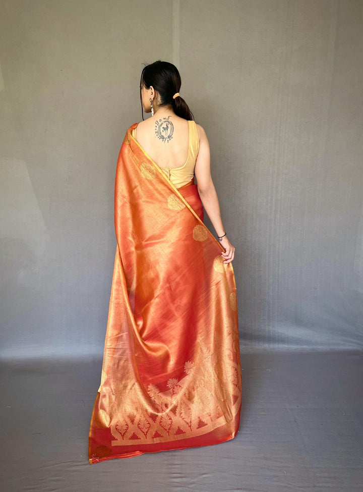 Rust Orange Zari Weaving Tissue Silk Saree - PAHRAVA