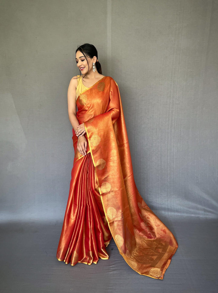 Rust Orange Zari Weaving Tissue Silk Saree - PAHRAVA