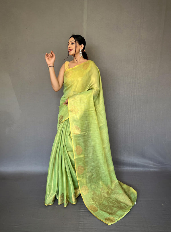 Pistachio Green Zari Weaving Tissue Silk Saree - PAHRAVA