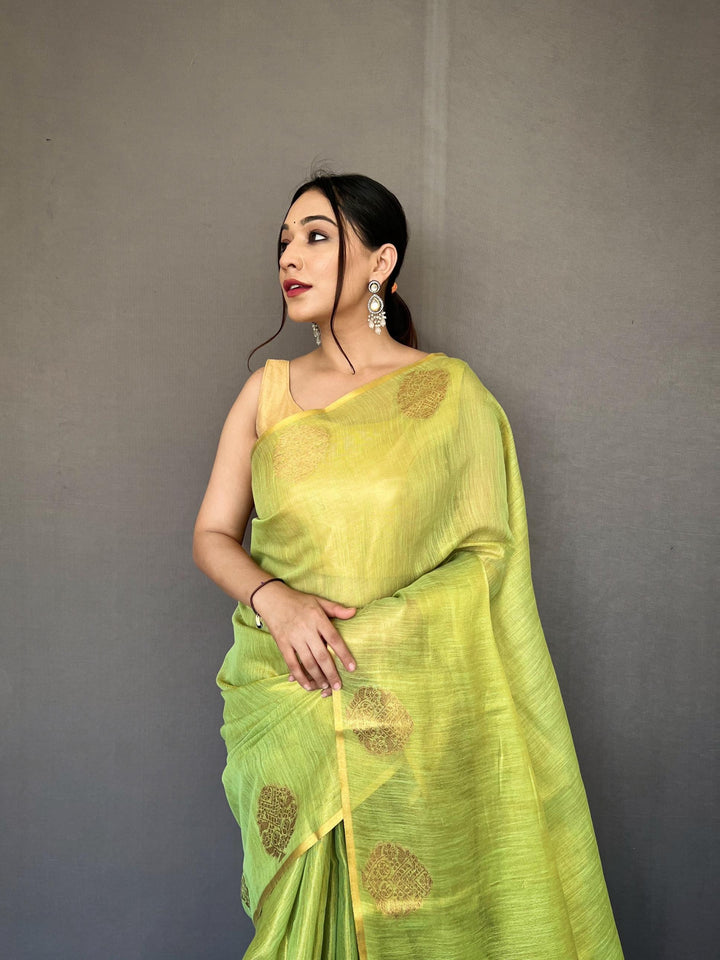 Pistachio Green Zari Weaving Tissue Silk Saree - PAHRAVA