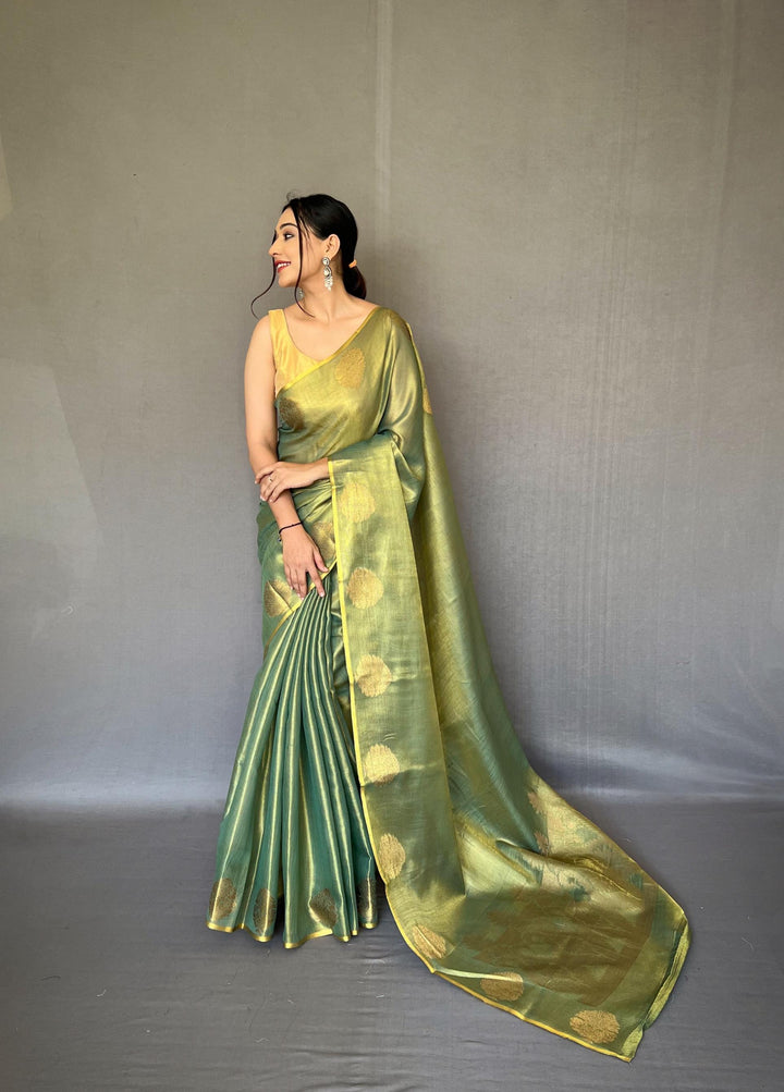 Teal Green Zari Weaving Tissue Silk Saree - PAHRAVA